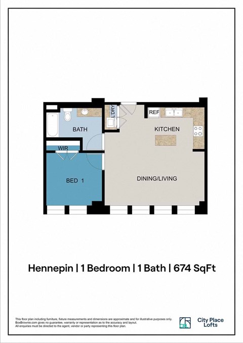 Floor plan for 1 bed, 1 bath, 674 sqft